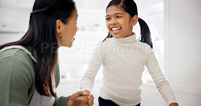 Buy stock photo Mom, bonding or holding hands with child in kitchen for playful weekend, holiday or baking together. Mother, kid or smile with daughter for fun childhood growth, learning or development in home