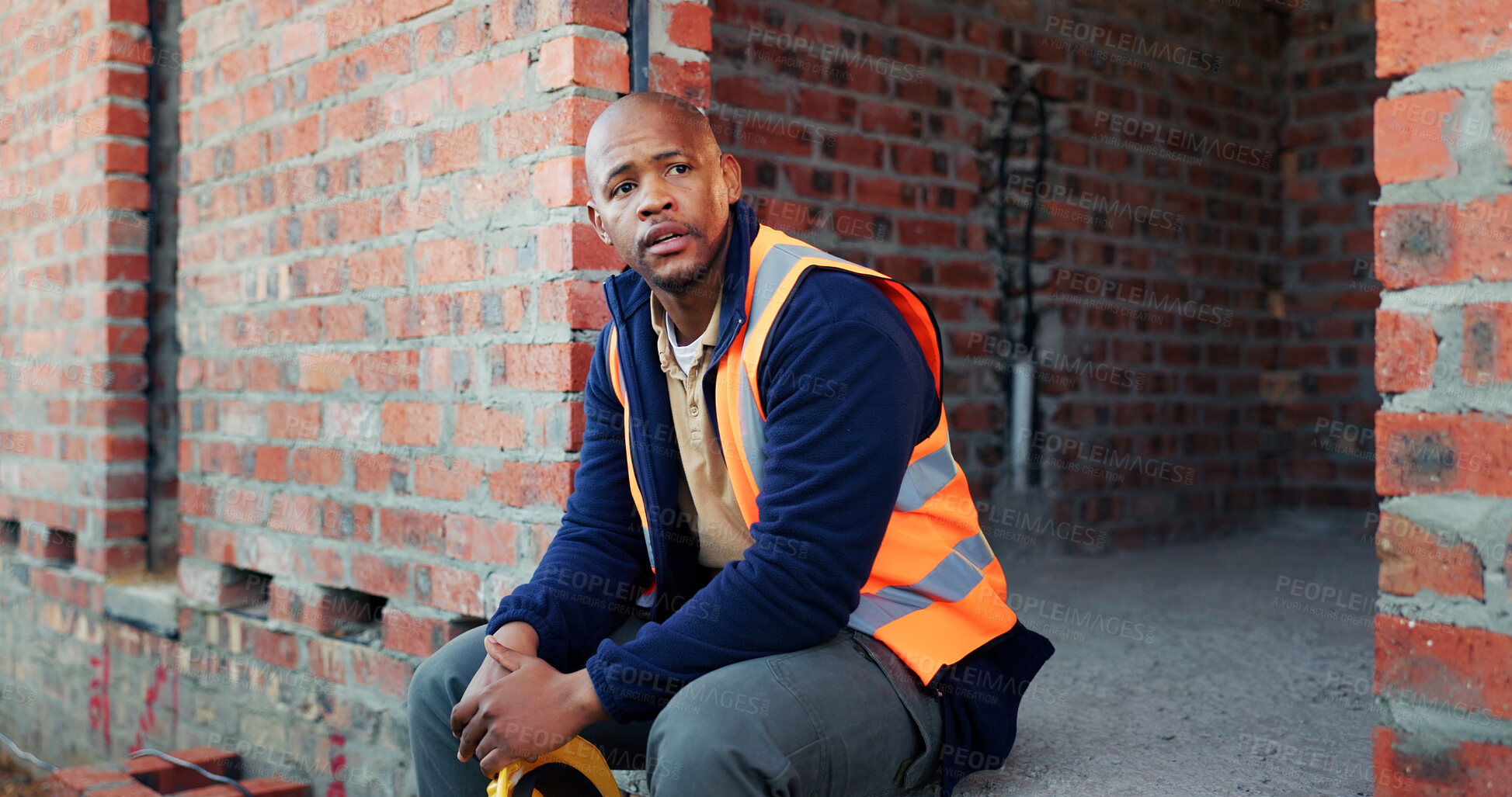 Buy stock photo Thinking, engineer and black man with concern for construction, renovation and building project. Architecture, urban planner and person with reflection for infrastructure, engineering and compliance