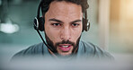 Computer, headset and call center consultant in office with crm, support or sales consultation. Talking, mic and male telemarketing agent with omnichannel system for online advisory in workplace.