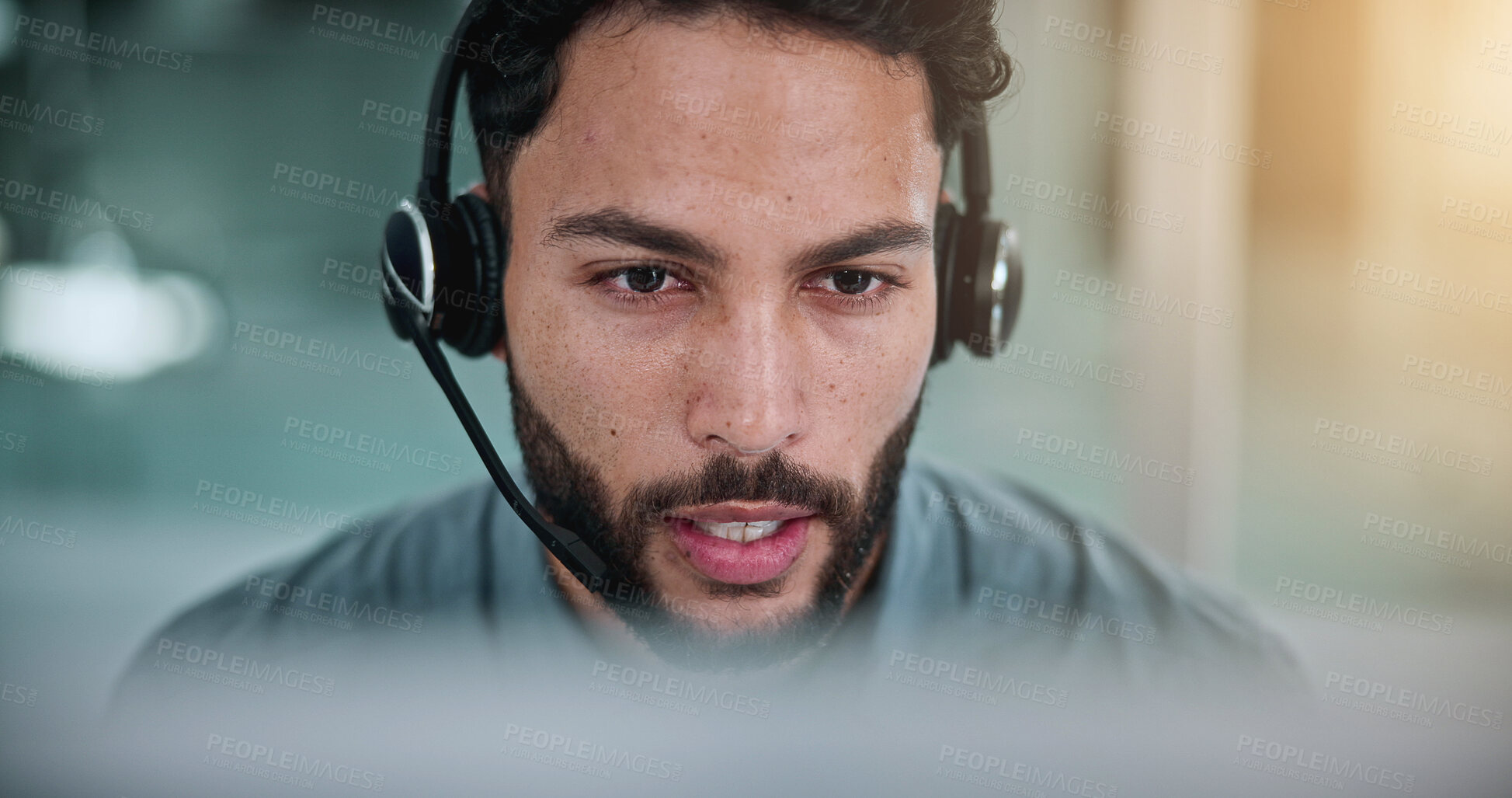 Buy stock photo Computer, man and call center consultant with headset in office with crm, talking or sales consultation. Contact, mic and telemarketing agent with omnichannel system for online advisory in workplace.