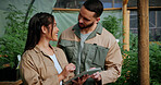 Tablet, conversation and couple in greenhouse for hemp, weed or marijuana growth with research. Happy, digital technology and people with online information for cannabis development at conservatory.
