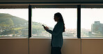 Smile, business and woman with tablet in office for research, schedule and email for real estate. Happy, person and realtor reading with digital for agenda, listing and information on auction pricing
