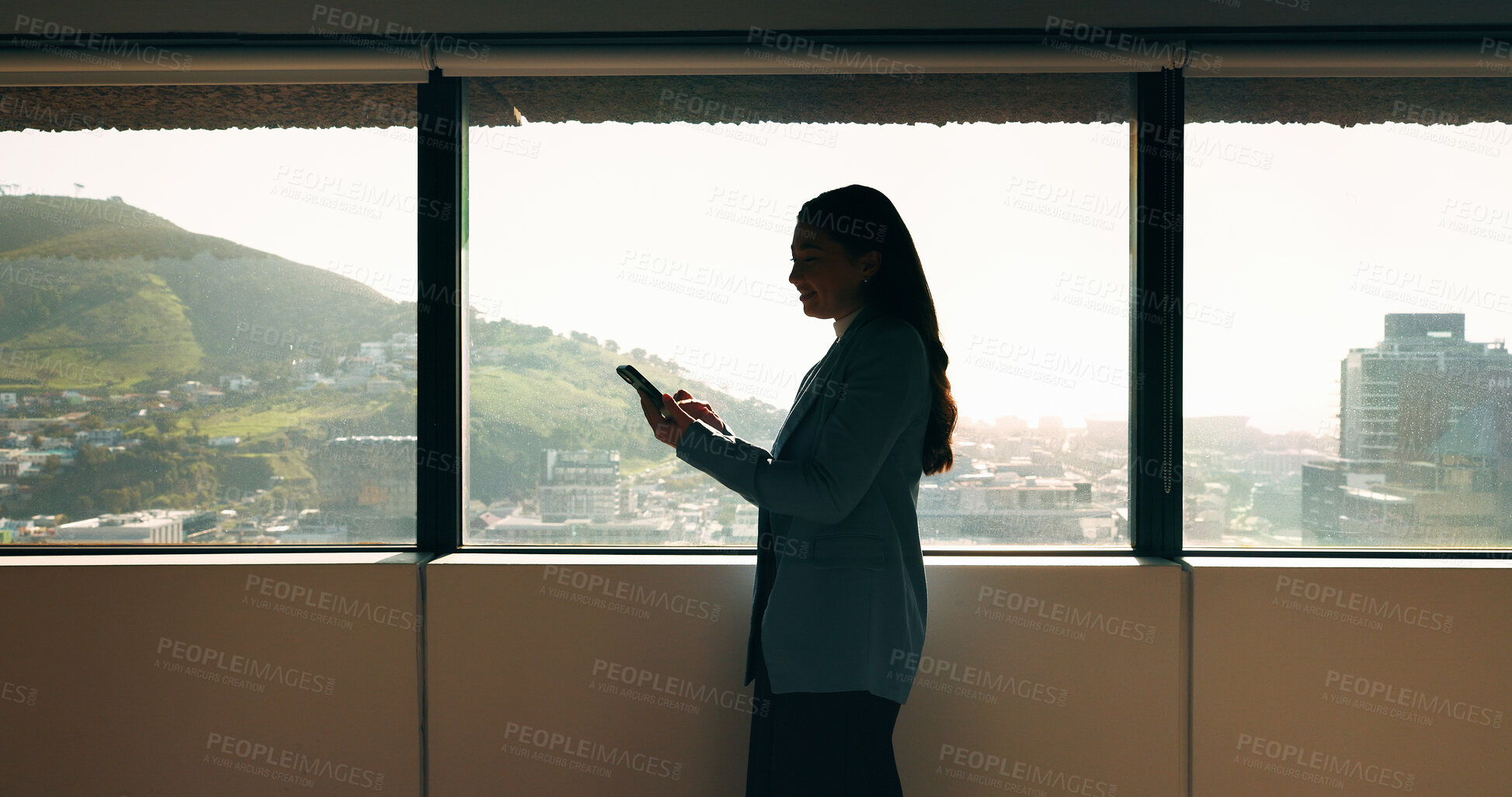 Buy stock photo Smile, business and woman with tablet in office for research, schedule and email for real estate. Happy, person and realtor reading with digital for agenda, listing and information on auction pricing