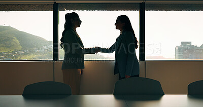 Buy stock photo Meeting, handshake and business people in office with window, collaboration and marketing approval. Women, shaking hands and talk in workplace with agreement, contract and teamwork for advertising.