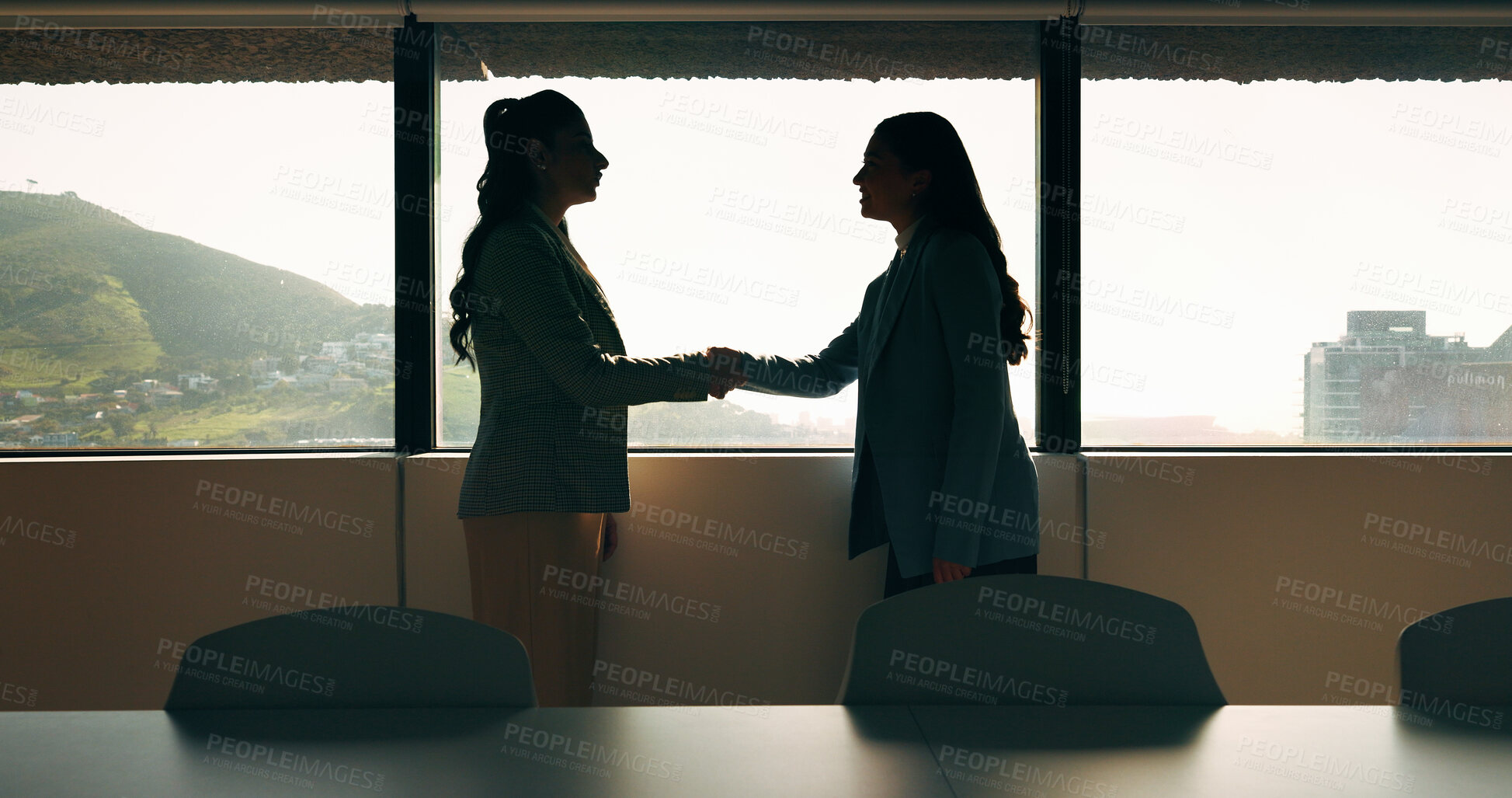 Buy stock photo Meeting, handshake and business people in office with window, collaboration and marketing approval. Women, shaking hands and talk in workplace with agreement, contract and teamwork for advertising.