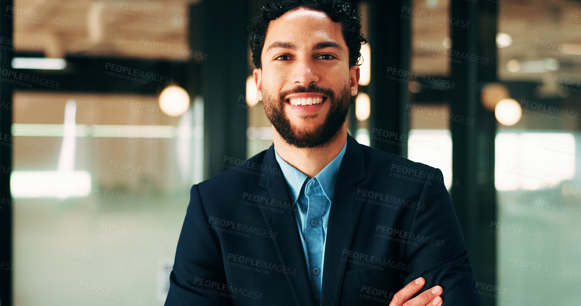 Buy stock photo Arms crossed, portrait and smile of business man in office for finance or investment career. Confident, friendly and proud with happy broker in corporate workplace for financial or wealth management