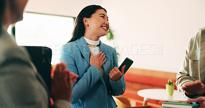Buy stock photo Happy, woman and meeting with team applause for congratulations, winning or achievement in office. Excited, female person or smile with group clapping for appreciation, gratitude or success together