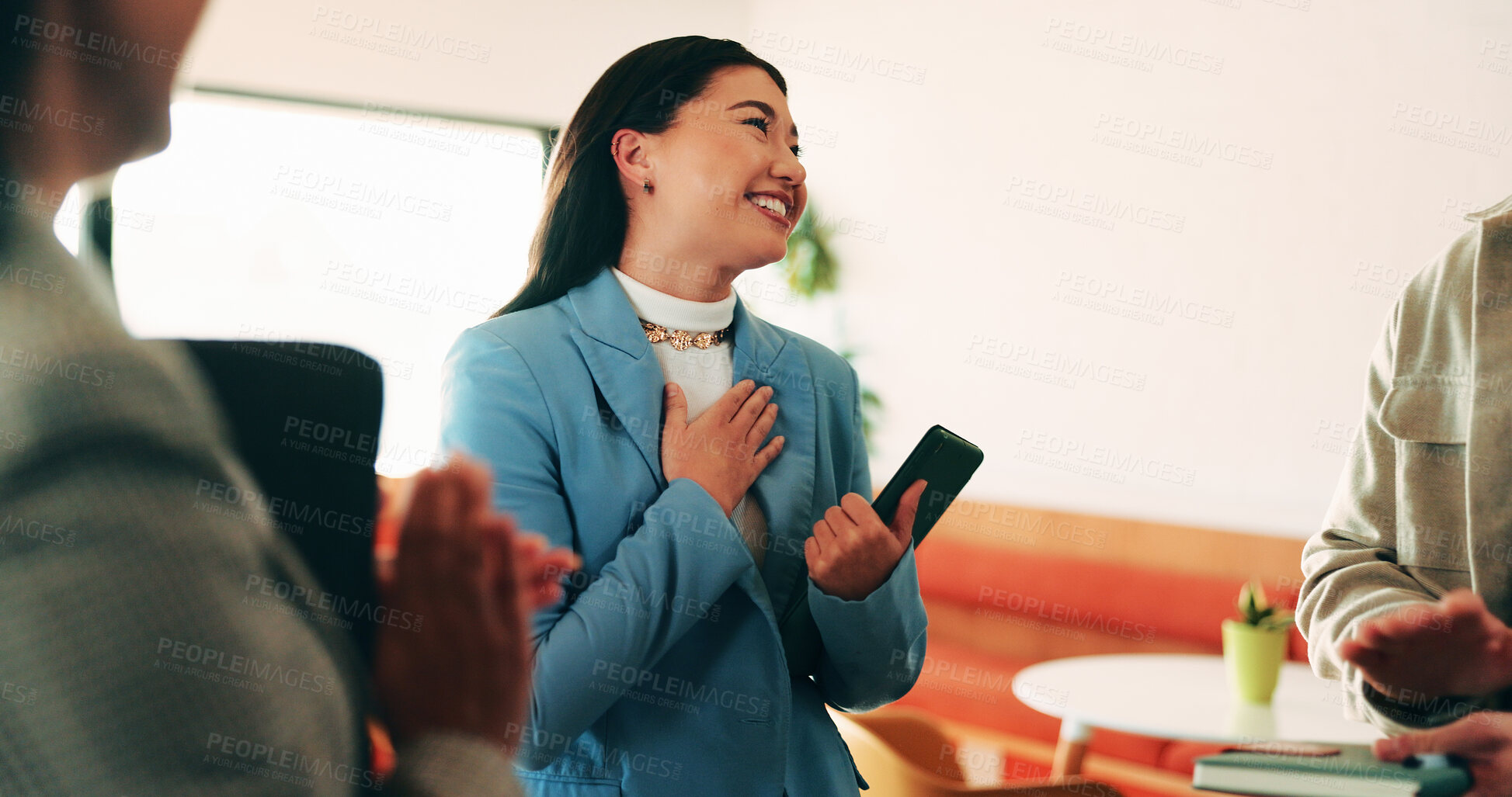 Buy stock photo Happy, woman and meeting with team applause for congratulations, winning or achievement in office. Excited, female person or smile with group clapping for appreciation, gratitude or success together