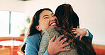 Happy, women or hug with business people in office for welcome, hello or company reunion together. Excited, female person or friendly colleagues with smile or embrace for thank you or congratulations