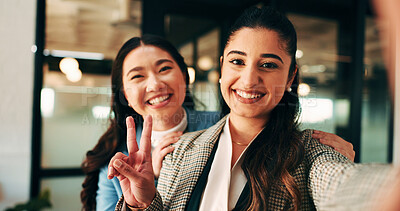 Buy stock photo Women, selfie and team at office with hug, peace sign and post on web with smile at insurance company. Business people, happy and photography for memory, hand gesture and portrait on social media