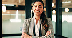 Arms crossed, portrait and smile of business woman in office for finance or investment career. About us, confident and proud with happy broker in corporate workplace for financial or risk management