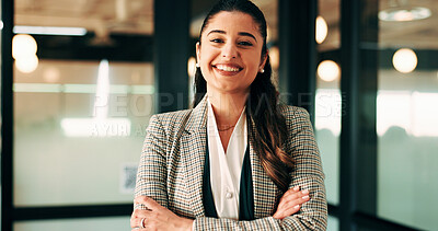 Buy stock photo Arms crossed, portrait and smile of business woman in office for finance or investment career. About us, confident and proud with happy broker in corporate workplace for financial or risk management