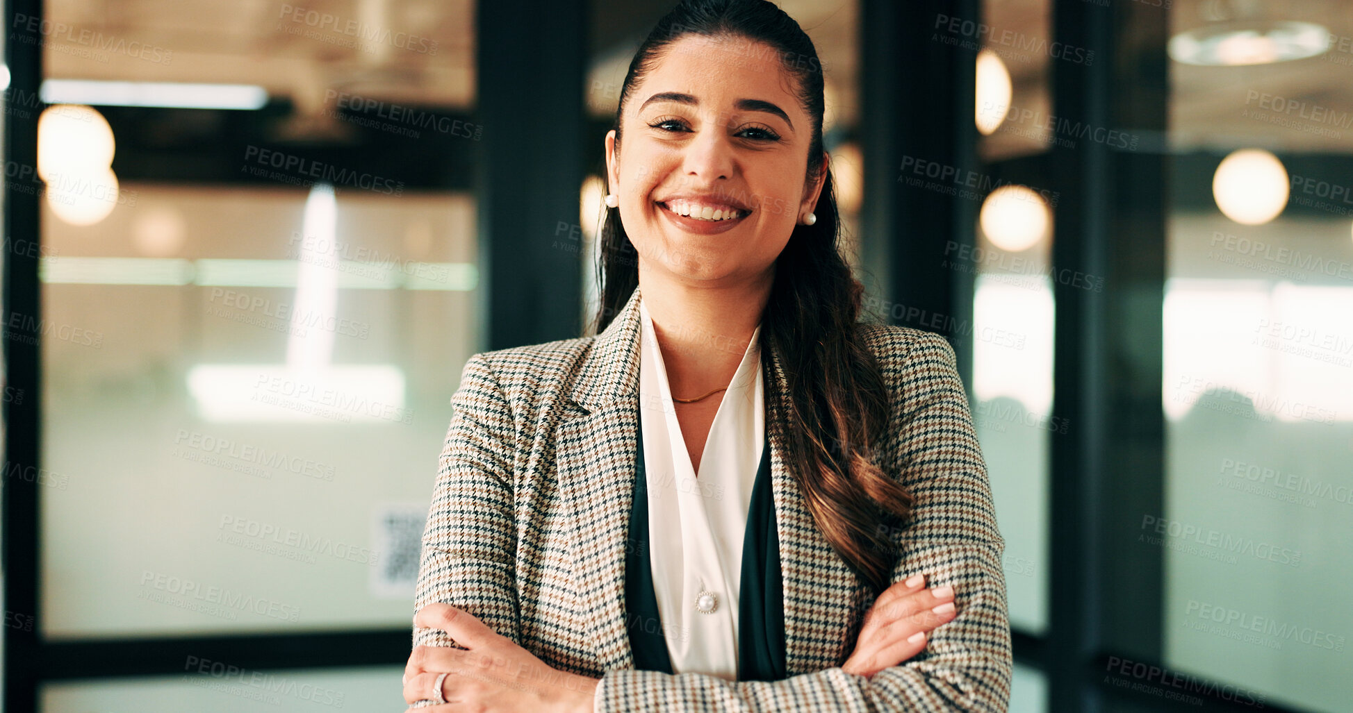 Buy stock photo Arms crossed, portrait and smile of business woman in office for finance or investment career. About us, confident and proud with happy broker in corporate workplace for financial or risk management