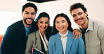 Portrait, team and business people with smile in office for about us, career or job opportunity. Happy, group or colleagues with pride, unity or friendly coworkers for company growth or development