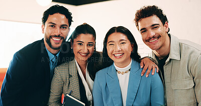 Buy stock photo Portrait, team and business people with smile in office for about us, career or job opportunity. Happy, group or colleagues with pride, unity or friendly coworkers for company growth or development