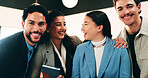 About us, portrait and laughing with business people in office together for comedy, humor or team. Bonding, corporate group and funny joke with employee at work for friendly introduction to company