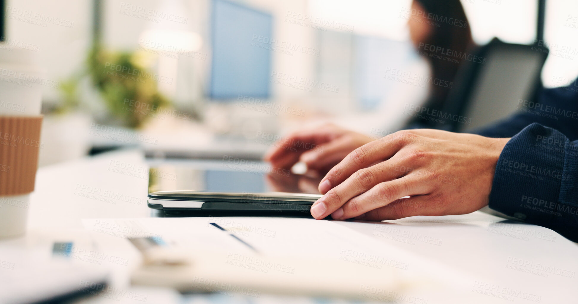 Buy stock photo Hands, person and closed laptop in office for productivity, finish project and deadline of investment. Employee, coworking and done with pc, task completion and end of shift at accounting company