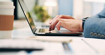 Buy stock photo Hands, laptop and typing with corporate employee at desk in office for planning, research or review. Coffee, computer and keyboard with business man in workplace for email feedback, job or report