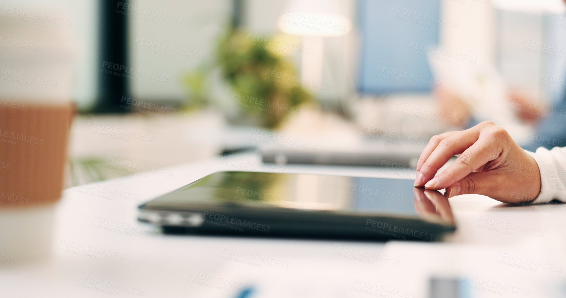 Buy stock photo Hands, woman and closing laptop in office for productivity, finish work and deadline of investment. Female person, leaving and done with pc, task completion and end of shift at accounting company