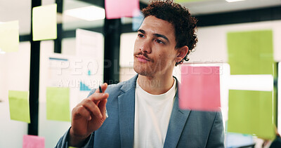 Buy stock photo Thinking, woman and brainstorming at glass in office for venue ideas, progress timeline or mindmap. Event planner, sticky notes and info at work for vendor sourcing, guest list planning and reminder