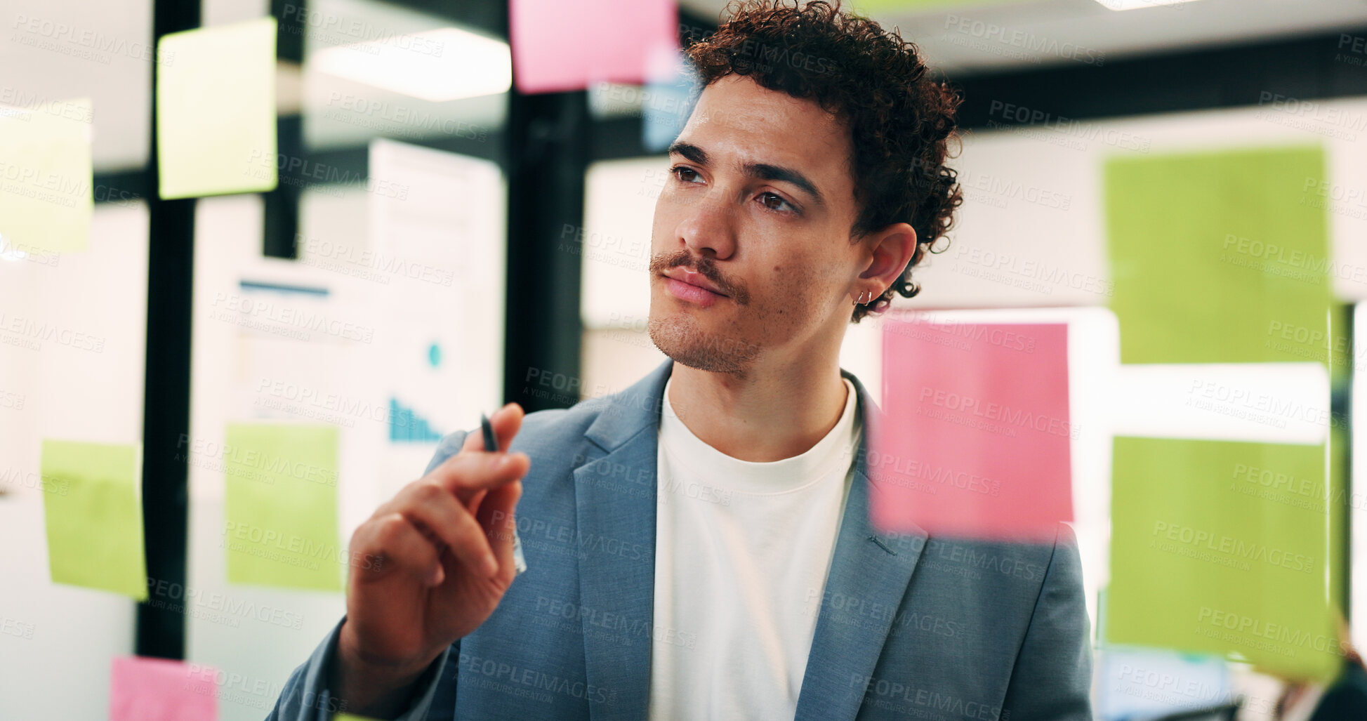 Buy stock photo Thinking, woman and brainstorming at glass in office for venue ideas, progress timeline or mindmap. Event planner, sticky notes and info at work for vendor sourcing, guest list planning and reminder