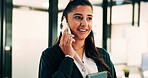 Woman, phone call and smile with tablet at office for talk, feedback or insight at insurance company. Person, happy or broker with contact, communication or tech for review at risk management agency
