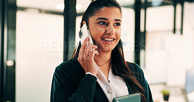 Buy stock photo Woman, phone call and smile with tablet at office for talk, feedback or insight at insurance company. Person, happy or broker with contact, communication or tech for review at risk management agency