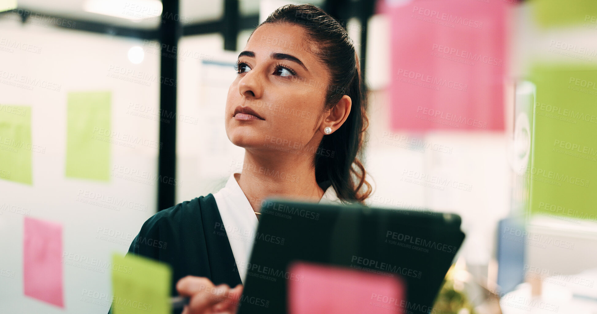 Buy stock photo Idea, businesswoman or brainstorm with tablet at glass for venue planning, seating list or mindmap. Event planner, sticky notes and tech in office for vendor sourcing, task management and information