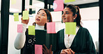 Women, planning and sticky note with tablet in office, glass wall or strategy at finance agency. Happy people, broker and team with tech, problem solving or insight on app at asset management company