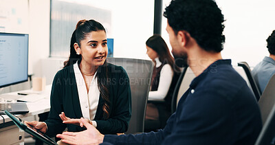 Buy stock photo Woman, businessman and discussion with tablet at office with team, review and smile at insurance company. People, broker and advisor with tech, app or insight with feedback at risk management agency