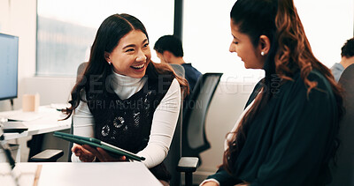 Buy stock photo Woman, happy and discussion with tablet at office with team, review and solution at insurance company. People, broker and advisor with tech, app or insight with feedback at risk management agency