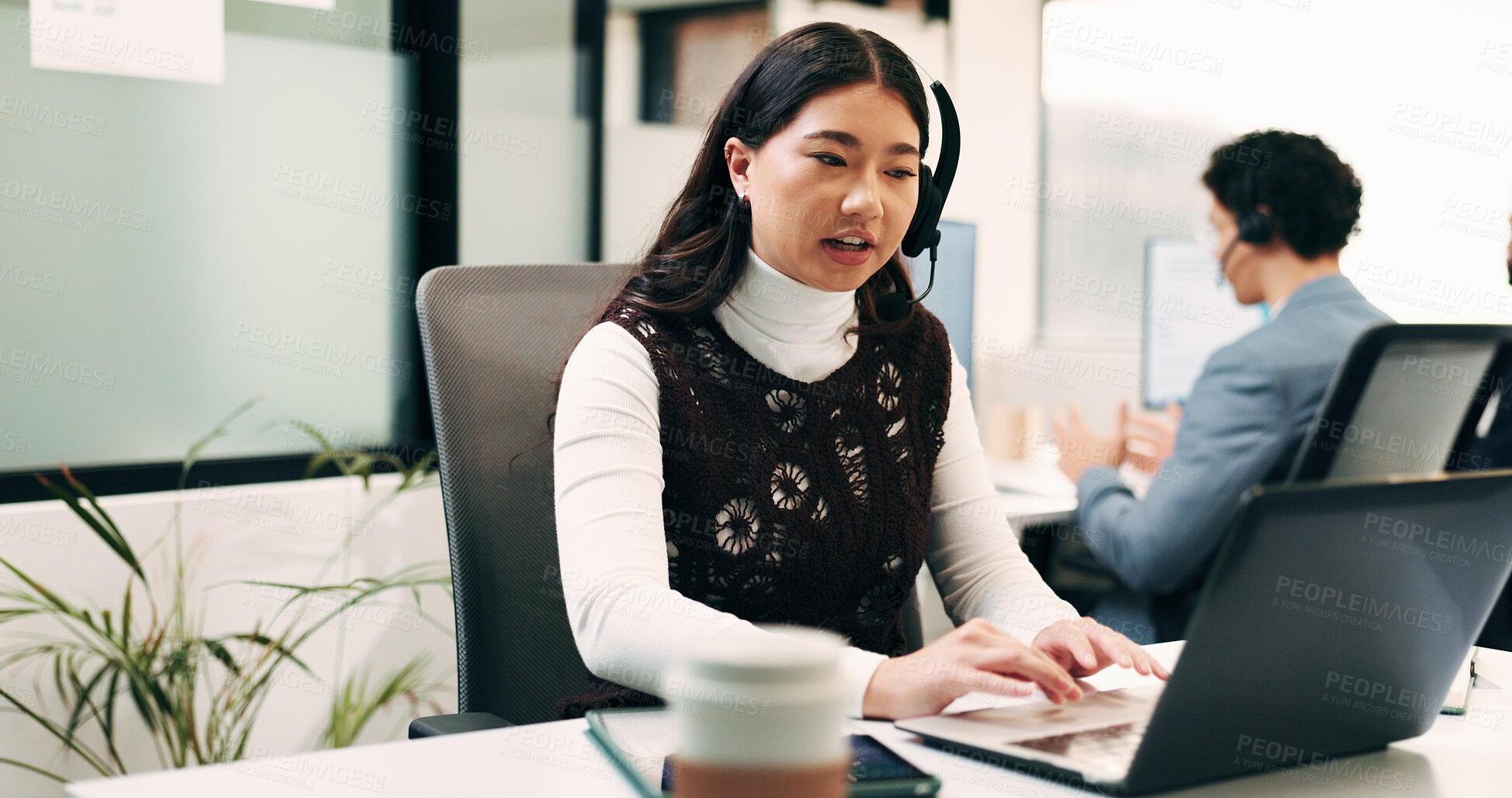 Buy stock photo Business, woman and talk with laptop in call centre for research, advice and inquiry for finance. Agent, headset and coworking with pc for customer service, assistance and guidance for banking online