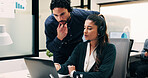 Business, people and laptop with headset at call centre for advice, helpdesk and inquiry for finance. Team, agent or helping with pc for customer service, assistance and guidance for financial refund