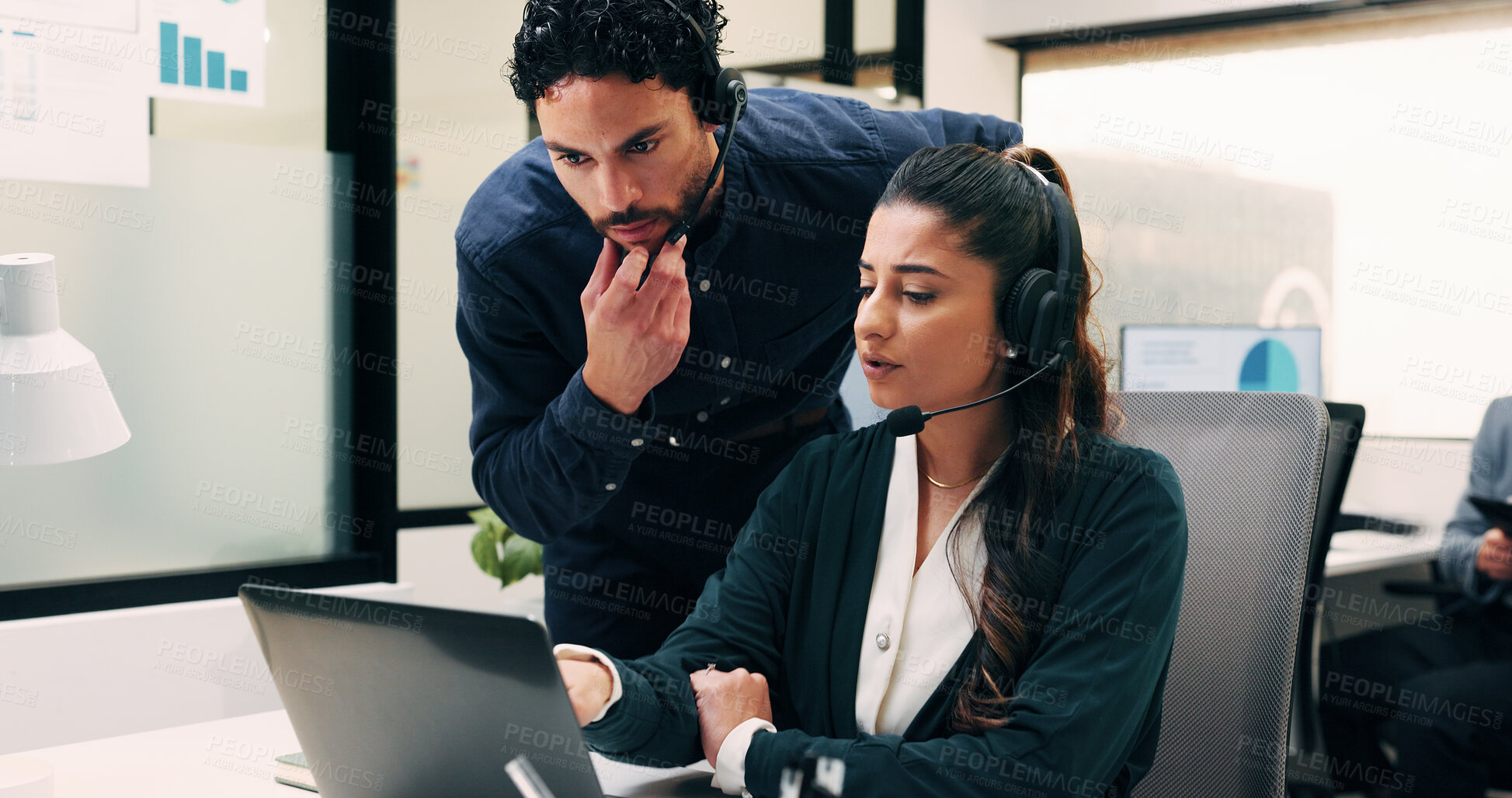 Buy stock photo Business, people and laptop with headset at call centre for advice, helpdesk and inquiry for finance. Team, agent or helping with pc for customer service, assistance and guidance for financial refund