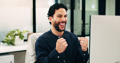 Buy stock photo Business, success or man in office with computer, promotion offer or good news in investor update. Happy, tech or finance consultant with fist pump, career growth or funding opportunity in feedback.