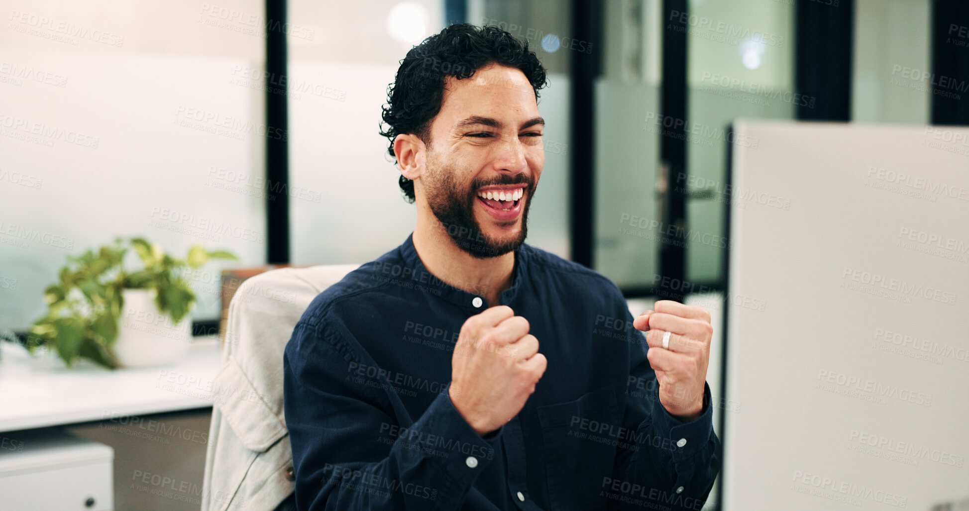 Buy stock photo Business, success or man in office with computer, promotion offer or good news in investor update. Happy, tech or finance consultant with fist pump, career growth or funding opportunity in feedback.