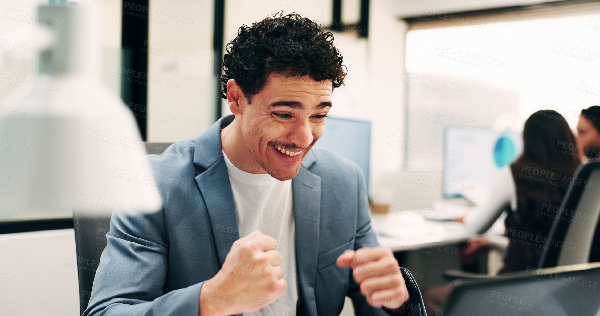 Buy stock photo Business, success or man in agency with laptop, promotion offer or good news in investor update. Happy, tech or finance consultant with fist pump, career growth or funding opportunity in feedback.