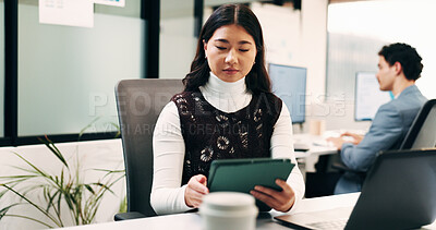 Buy stock photo Woman, tablet and insight for project at office with notes, review and laptop at insurance company. Person, broker and advisor with tech, app and solution with feedback at risk management agency