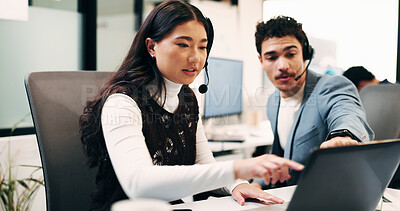 Buy stock photo Woman, call center and laptop with headset, man and discussion for customer service at insurance company. People, consultant and advisor with pc, voip tech and pointing for problem solving at agency