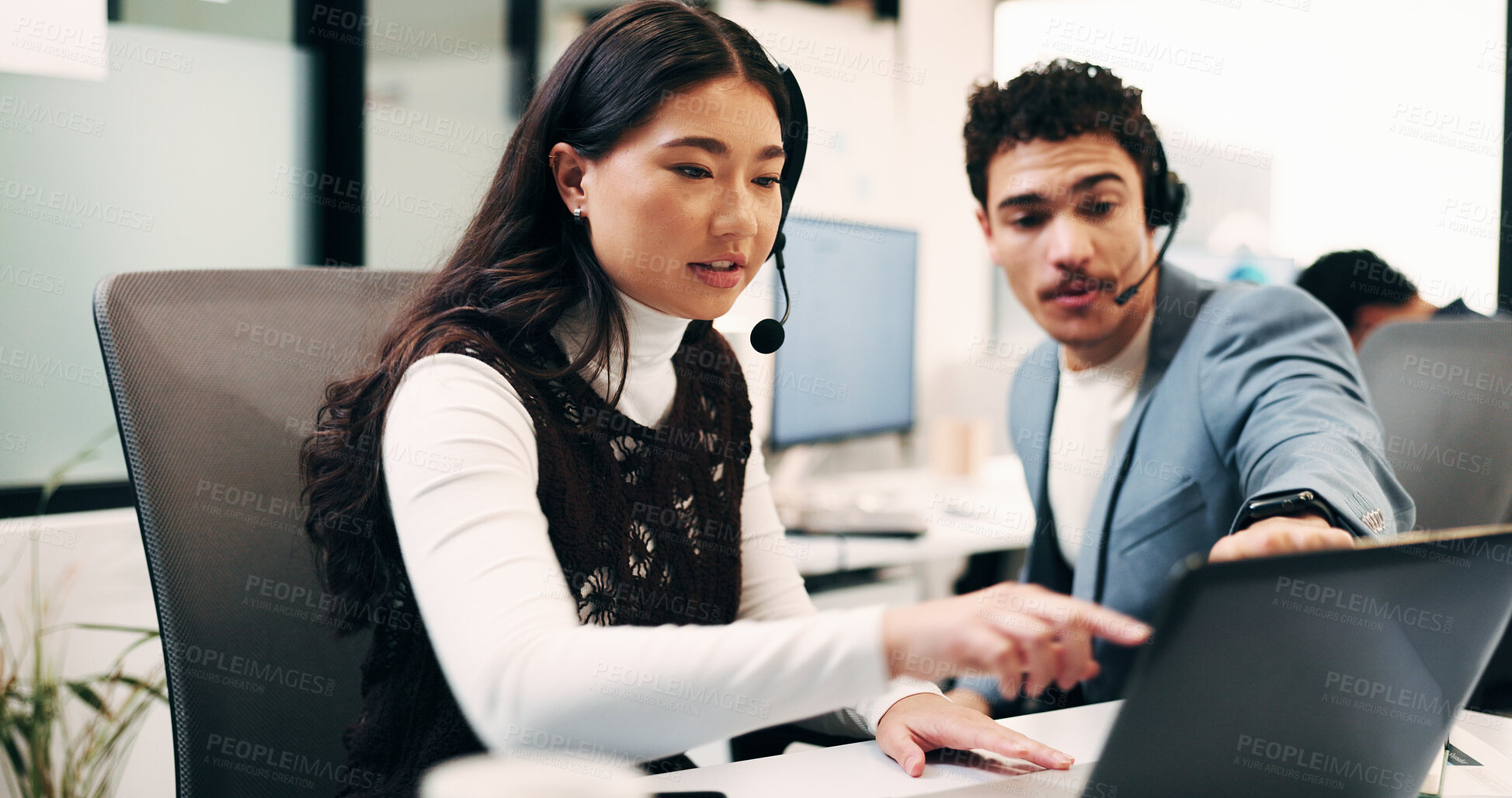 Buy stock photo Woman, call center and laptop with headset, man and discussion for customer service at insurance company. People, consultant and advisor with pc, voip tech and pointing for problem solving at agency