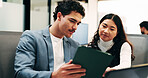 Businessman, woman and planning with tablet at office with team, review and laptop at insurance company. People, broker and advisor with tech, app or insight with feedback at risk management agency