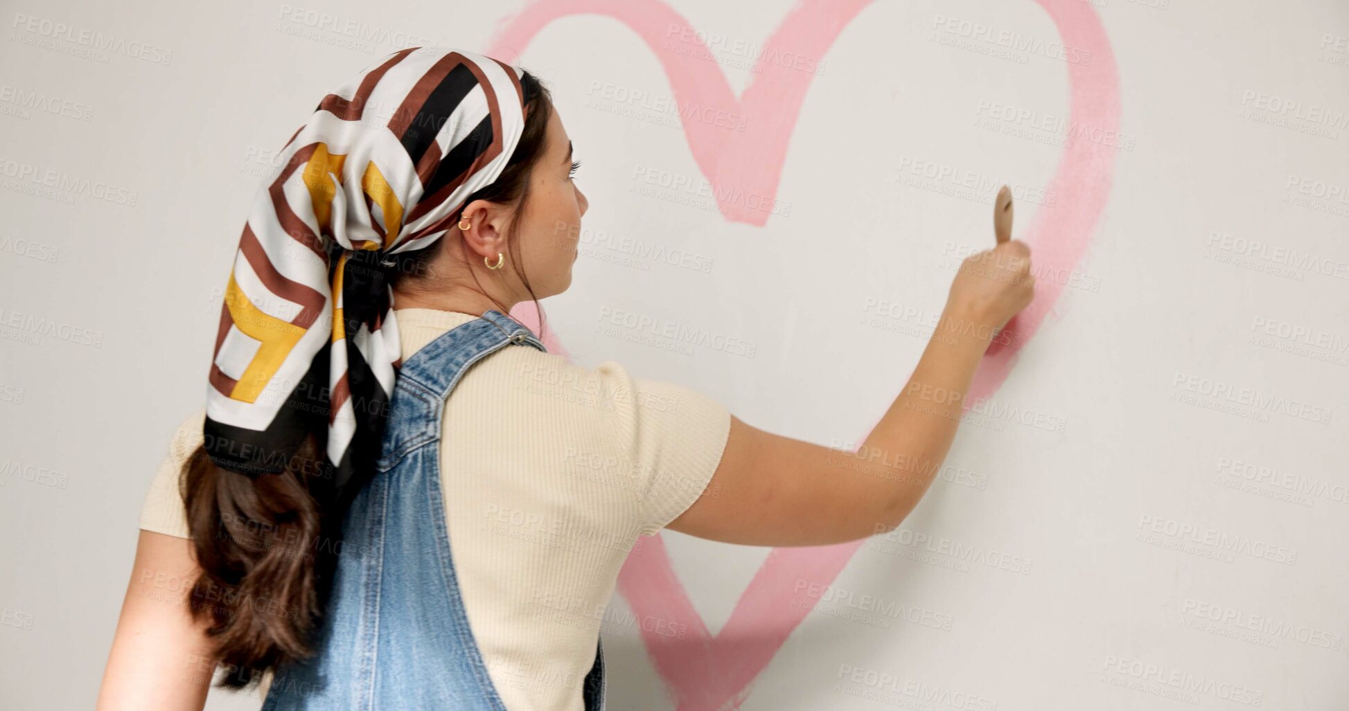 Buy stock photo Painting, remodeling and back of woman for home decoration, creativity and interior design. House, painter and person with heart, shape and paintbrush for inspiration, diy and makeover for project