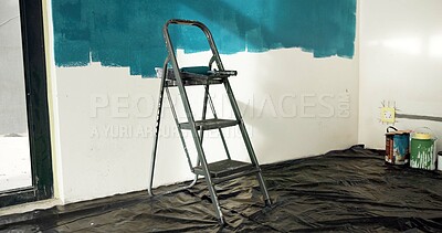 Buy stock photo Ladder, wall and painting for home improvement with empty room for property development with color. Interior design, tools and equipment with tarp cover for splatter, renovation or remodeling project