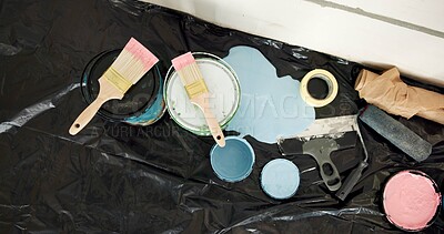 Buy stock photo Paint, mess and remodeling with tools in home, interior design or renovation project with paintbrush. Color, change and equipment for diy transformation, maintenance and creative house improvement