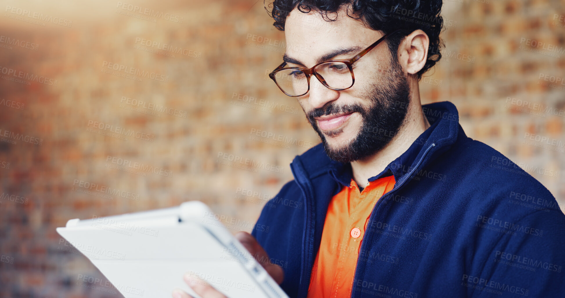 Buy stock photo Reading, architect or man with tablet at construction site, progress report or building material order. Smile, planning or person with record of infrastructure development, tech or supplier email
