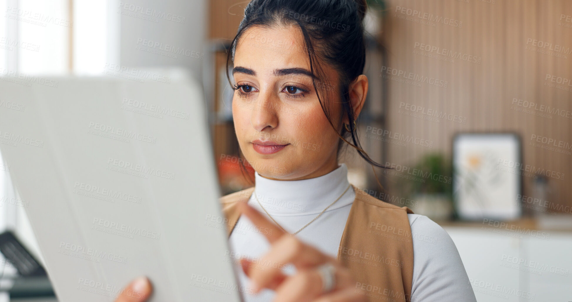 Buy stock photo Business woman, remote work and tablet with scroll in home, web designer and research for app. Female person, online search or review design for website development, freelancer and tech for startup