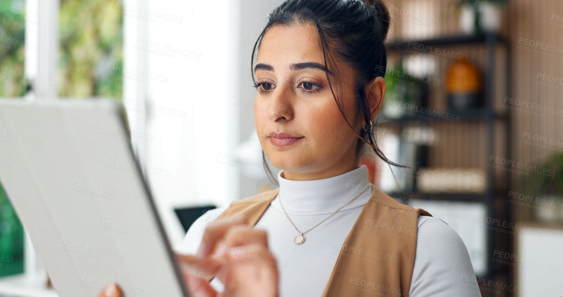 Buy stock photo Business woman, remote work and tablet with scroll at house, web designer and research for app. Female person, online search or review design for website development, freelancer and tech for startup