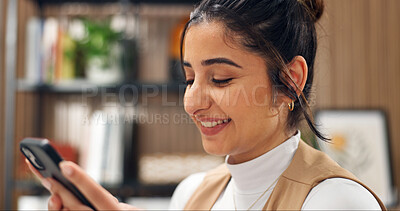 Buy stock photo Woman, phone and smile with connection in home, internet scroll or chat online with mobile app. Person, tech or cellphone for communication, social media or text message with happiness at house