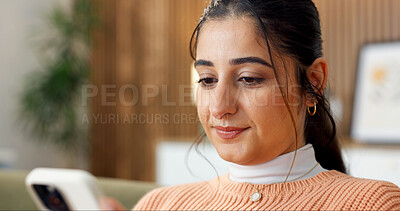 Buy stock photo Woman, phone and relax with connection at house, internet scroll or chat online with mobile app. Female person, tech or cellphone for communication, social media or text message with browsing at home