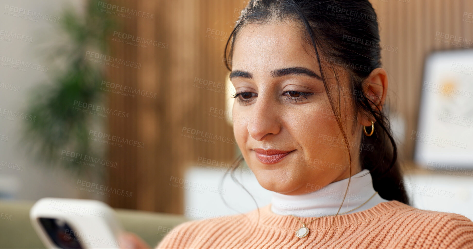 Buy stock photo Woman, phone and relax with connection at house, internet scroll or chat online with mobile app. Female person, tech or cellphone for communication, social media or text message with browsing at home